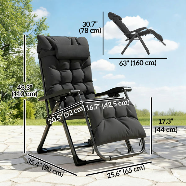 Reclining Zero Gravity Chair with Adjustable Backrest, Folding Garden Sun Lounger, Outdoor Recliner with Removable Cushion and Headrest, Black