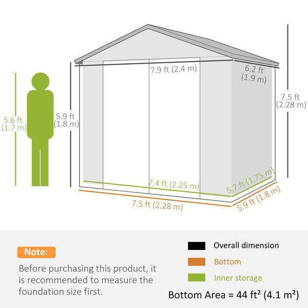 8 x 6ft Plastic Garden Storage Shed with Foundation Kit, Polypropylene Outdoor Storage Tool House with Ventilation Slots and Lockable Door, Grey