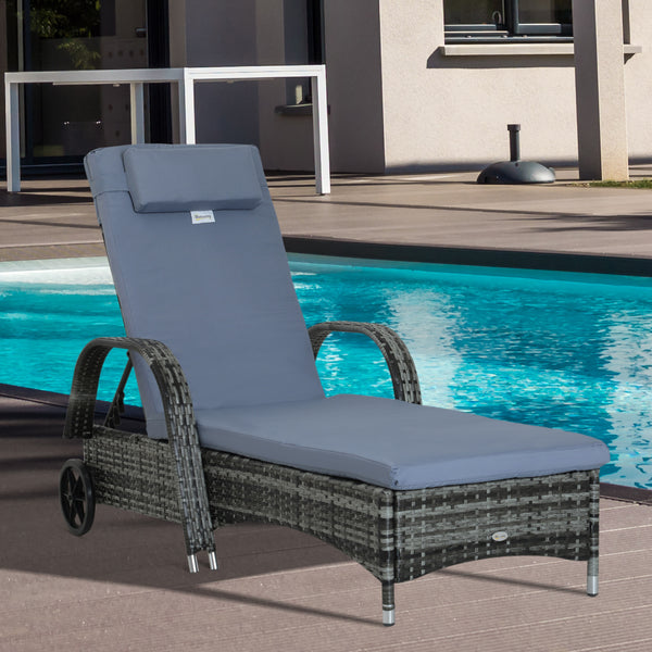 Wicker Chaise Lounge, Outdoor Lounge Chair, PE Rattan Patio Sun lounger with Head-rest, 5-Level Height Adjust Backrest, Cushion, & Wheels, Mixed Grey and Grey