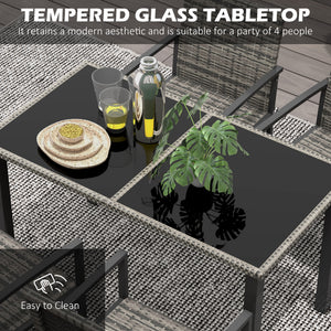 4 Seater Rattan Dining Set with Rectangular Glass Top Table and 4 Armchairs, PE Rattan Garden Furniture Set, Outdoor Dining Table and Chairs for Patio, Balcony, Lawn, Mixed Grey