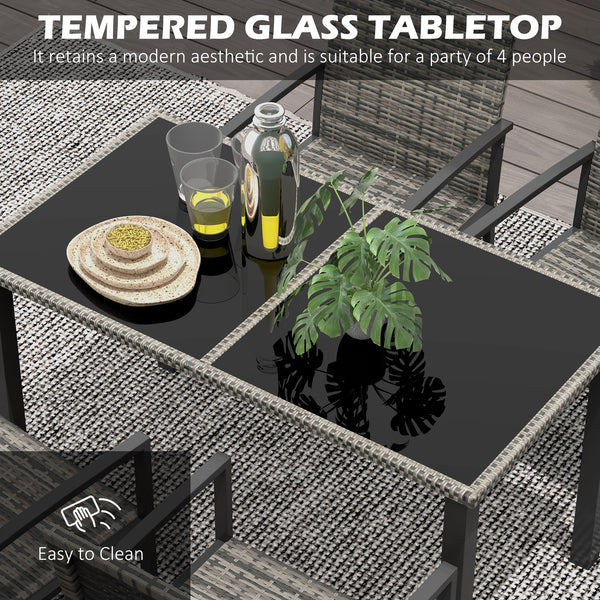 4 Seater Rattan Dining Set with Rectangular Glass Top Table and 4 Armchairs, PE Rattan Garden Furniture Set, Outdoor Dining Table and Chairs for Patio, Balcony, Lawn, Mixed Grey