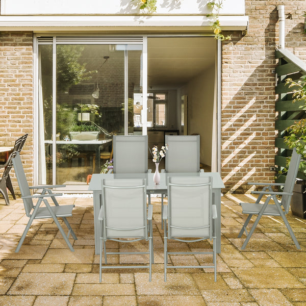 7 Piece Garden Dining Set, Outdoor Table and 6 Folding and Reclining Chairs, Aluminium Frame, Tempered Glass Top Table, Texteline Seats, Grey
