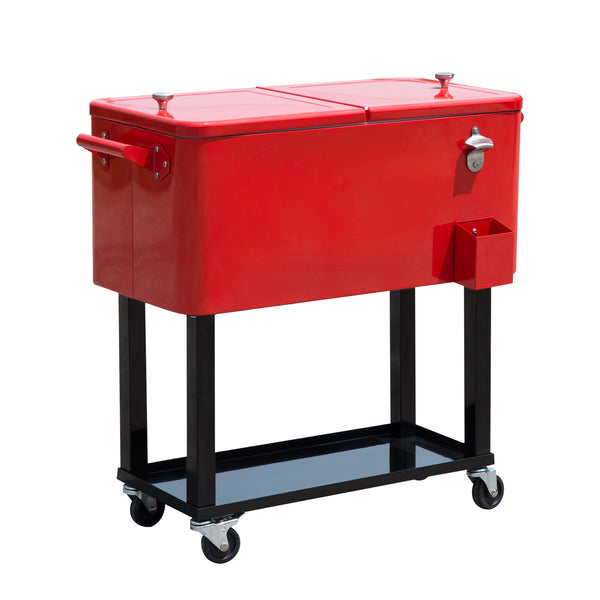 80 Quart Rolling Cooler Cart Portable Patio Ice Beer Beverage Cooling Bin for Outdoor Party w/ Bottle Opener & Storage Shelf Red