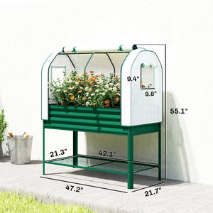 Galvanised Raised Garden Bed with Greenhouse Cover, Metal Elevated Garden Bed with Legs, Bed Liner and Bottom Shelf, Outdoor Raised Planter Box for Vegetables, Herbs, Flowers, Green