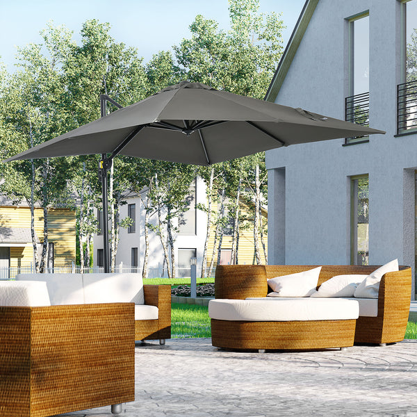 2.5 x 2.5m Patio Offset Parasol Umbrella Cantilever Hanging Aluminium Sun Shade Canopy Shelter 360° Rotation with Crank Handle and Cross Base, Grey