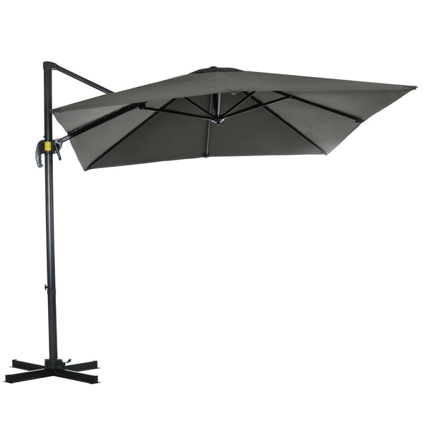 8' x 8' Square Patio Hanging Offset Umbrella with 360° Rotation, Aluminum Outdoor Cantilever Parasol with Crank & Tilt, Sun Canopy Shelter with Cross Base, Grey
