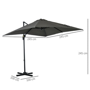 2.5 x 2.5m Patio Offset Parasol Umbrella Cantilever Hanging Aluminium Sun Shade Canopy Shelter 360° Rotation with Crank Handle and Cross Base, Grey