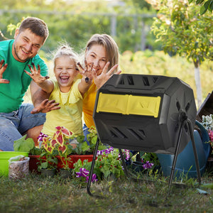 160L Tumbling Compost Bin Outdoor Dual Chamber 360° Rotating Composter, Garden Compost Bin w/ Sliding Doors & Solid Steel Frame, Yellow