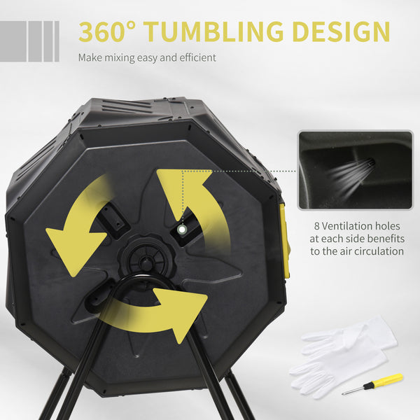 160L Tumbling Compost Bin Outdoor Dual Chamber 360° Rotating Composter, Garden Compost Bin w/ Sliding Doors & Solid Steel Frame, Yellow
