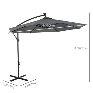 10ft Outdoor Cantilever Umbrella with Solar Lights, Banana Umbrella with Adjustable Angle for Patio, Backyard, Dark Gray