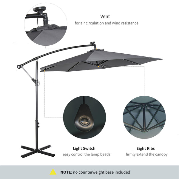 10ft Outdoor Cantilever Umbrella with Solar Lights, Banana Umbrella with Adjustable Angle for Patio, Backyard, Dark Gray