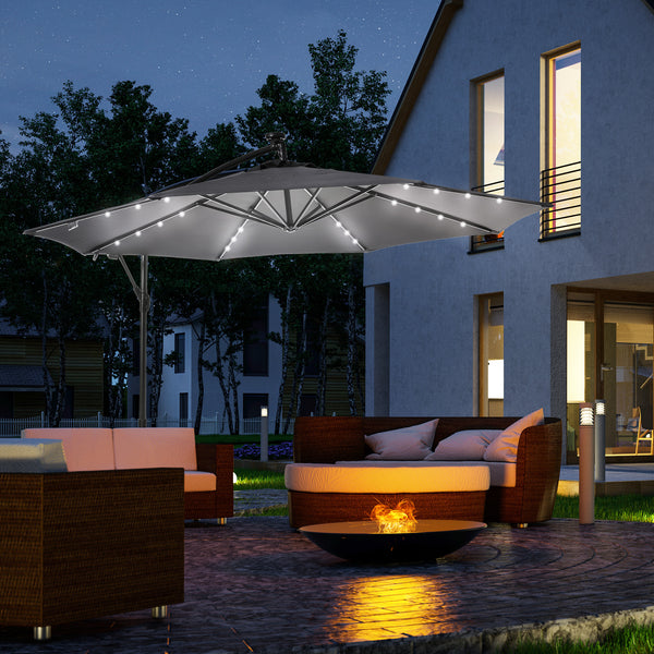 10ft Outdoor Cantilever Umbrella with Solar Lights, Banana Umbrella with Adjustable Angle for Patio, Backyard, Dark Gray