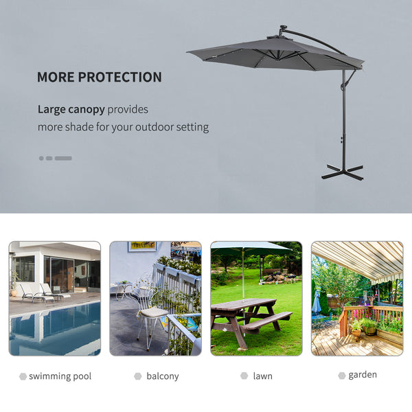 10ft Outdoor Cantilever Umbrella with Solar Lights, Banana Umbrella with Adjustable Angle for Patio, Backyard, Dark Gray