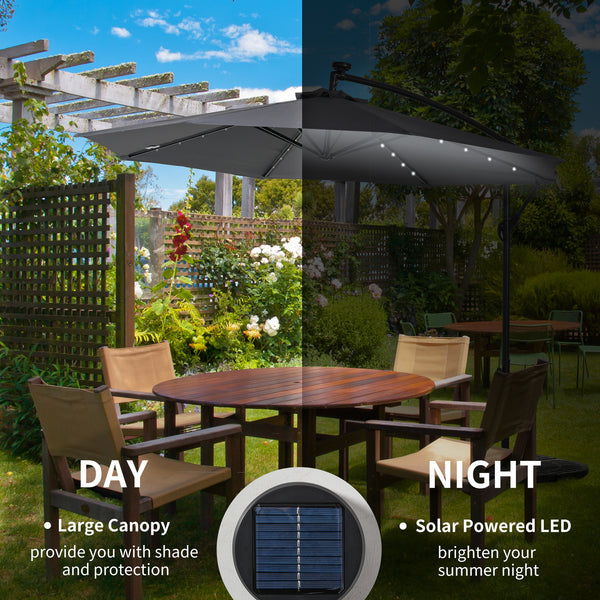 10ft Outdoor Cantilever Umbrella with Solar Lights, Banana Umbrella with Adjustable Angle for Patio, Backyard, Dark Gray