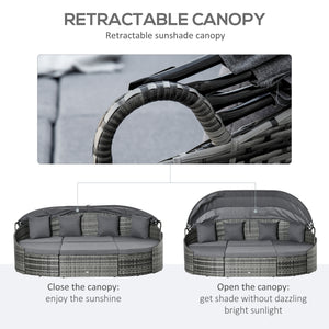 4 Pieces Rattan Daybed Patio PE Wicker Round Furniture Outdoor Rattan Garden Lounge Sofa Sets Sectional Conversation Set with Canopy, Cushions, & Pillows, Grey