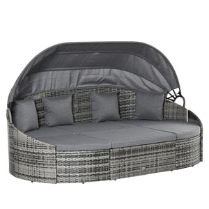 4 Pieces Rattan Daybed Patio PE Wicker Round Furniture Outdoor Rattan Garden Lounge Sofa Sets Sectional Conversation Set with Canopy, Cushions, & Pillows, Grey