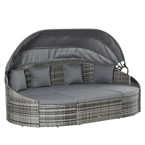 4 Pieces Rattan Daybed Patio PE Wicker Round Furniture Outdoor Rattan Garden Lounge Sofa Sets Sectional Conversation Set with Canopy, Cushions, & Pillows, Grey