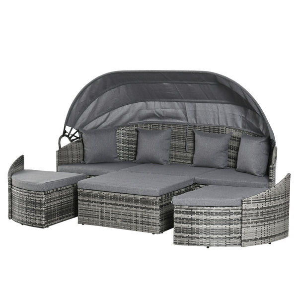 4 Pieces Rattan Daybed Patio PE Wicker Round Furniture Outdoor Rattan Garden Lounge Sofa Sets Sectional Conversation Set with Canopy, Cushions, & Pillows, Grey