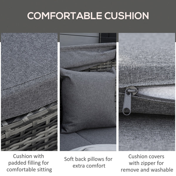 4 Pieces Rattan Daybed Patio PE Wicker Round Furniture Outdoor Rattan Garden Lounge Sofa Sets Sectional Conversation Set with Canopy, Cushions, & Pillows, Grey
