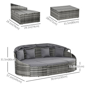 4 Pieces Rattan Daybed Patio PE Wicker Round Furniture Outdoor Rattan Garden Lounge Sofa Sets Sectional Conversation Set with Canopy, Cushions, & Pillows, Grey