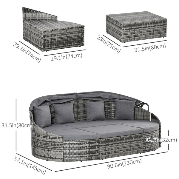 4 Pieces Rattan Daybed Patio PE Wicker Round Furniture Outdoor Rattan Garden Lounge Sofa Sets Sectional Conversation Set with Canopy, Cushions, & Pillows, Grey