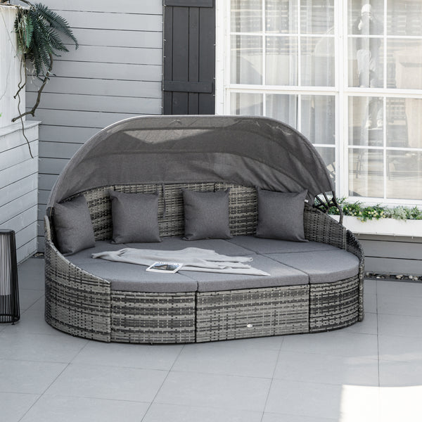 4 Pieces Rattan Daybed Patio PE Wicker Round Furniture Outdoor Rattan Garden Lounge Sofa Sets Sectional Conversation Set with Canopy, Cushions, & Pillows, Grey