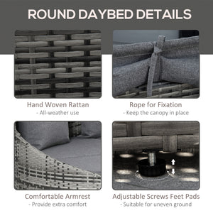 4 Pieces Rattan Daybed Patio PE Wicker Round Furniture Outdoor Rattan Garden Lounge Sofa Sets Sectional Conversation Set with Canopy, Cushions, & Pillows, Grey