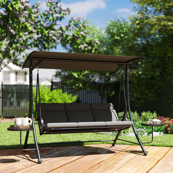 3 Seater Garden Swing Seat Swing Chair with Adjustable Canopy, Removable Cushion and Coffee Tables for Outdoor Patio Garden Dark Grey