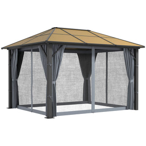 3 x 3.6m Hardtop Gazebo Canopy with Polycarbonate Roof, Aluminium Frame, Permanent Pavilion Garden Gazebo with Netting and Curtains - Grey