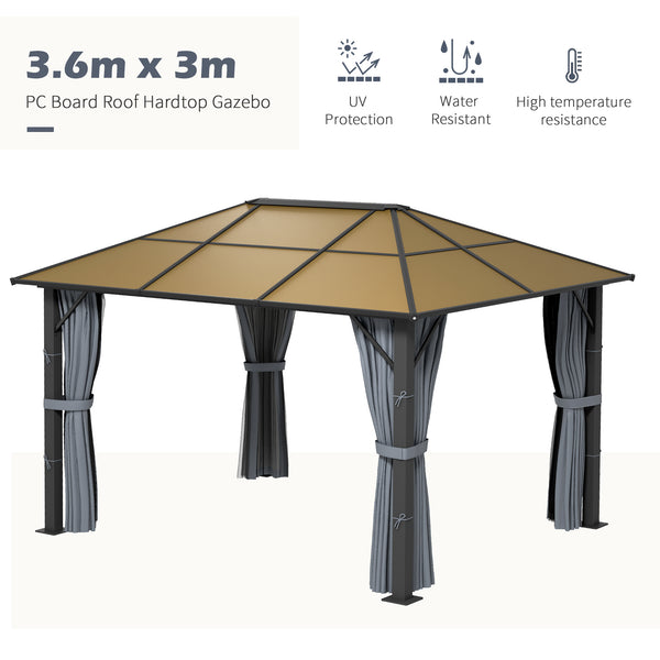 3 x 3.6m Hardtop Gazebo Canopy with Polycarbonate Roof, Aluminium Frame, Permanent Pavilion Garden Gazebo with Netting and Curtains - Grey