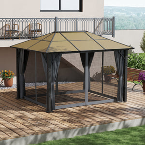 3 x 3.6m Hardtop Gazebo Canopy with Polycarbonate Roof, Aluminium Frame, Permanent Pavilion Garden Gazebo with Netting and Curtains - Grey