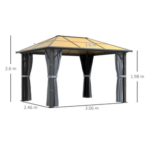 3 x 3.6m Hardtop Gazebo Canopy with Polycarbonate Roof, Aluminium Frame, Permanent Pavilion Garden Gazebo with Netting and Curtains - Grey