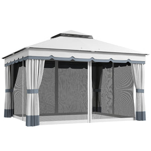  10' x 12' Patio Gazebo, Double Roof Outdoor Gazebo Canopy Shelter with Netting and Curtains, Solid Metal Frame for Garden, Lawn and Deck, Light Grey