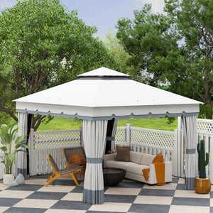  10' x 12' Patio Gazebo, Double Roof Outdoor Gazebo Canopy Shelter with Netting and Curtains, Solid Metal Frame for Garden, Lawn and Deck, Light Grey