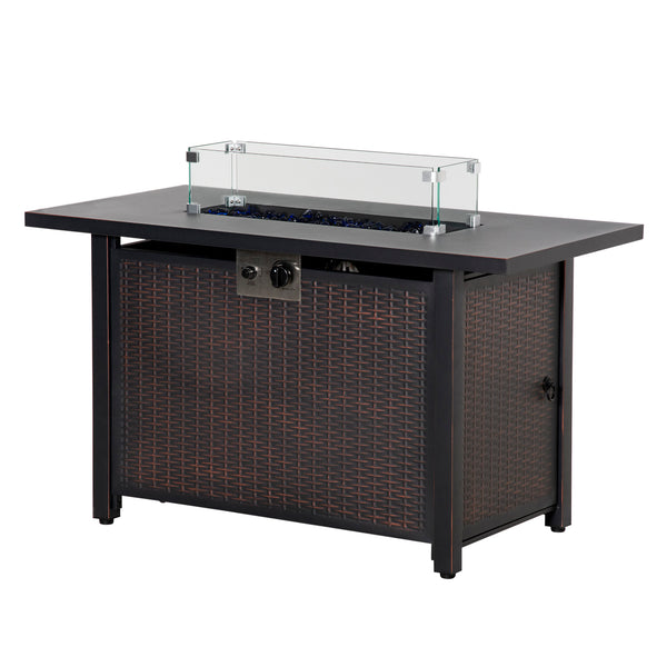 Propane Fire Pit Table 43" Outdoor Square Fire Table, 50,000 BTU Pulse-Ignition Wicker Firepit Furniture with Glass Wind Guard, Blue Glass Rock, CSA Certification, Bronze