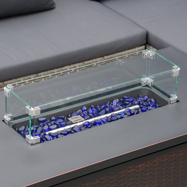 Propane Fire Pit Table 43" Outdoor Square Fire Table, 50,000 BTU Pulse-Ignition Wicker Firepit Furniture with Glass Wind Guard, Blue Glass Rock, CSA Certification, Bronze