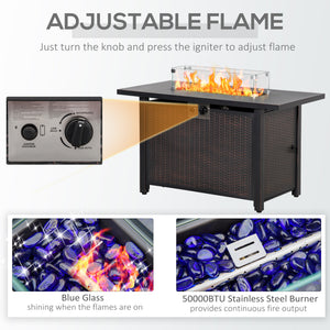 Propane Fire Pit Table 43" Outdoor Square Fire Table, 50,000 BTU Pulse-Ignition Wicker Firepit Furniture with Glass Wind Guard, Blue Glass Rock, CSA Certification, Bronze