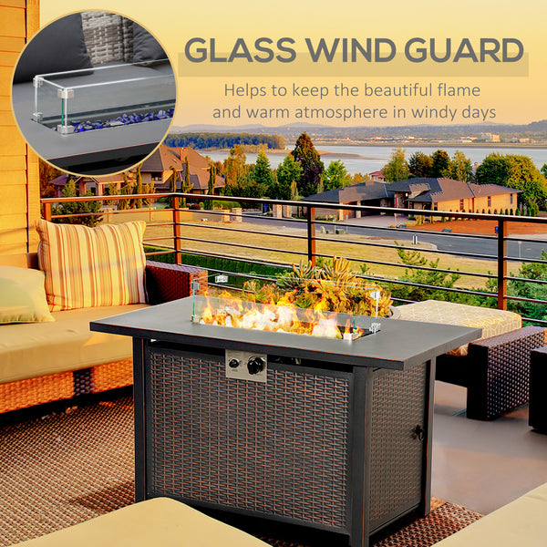 Propane Fire Pit Table 43" Outdoor Square Fire Table, 50,000 BTU Pulse-Ignition Wicker Firepit Furniture with Glass Wind Guard, Blue Glass Rock, CSA Certification, Bronze