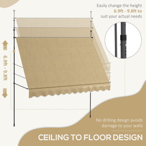 Manual Retractable Awning, 118" Non-Screw Patio Sun Shade Shelter with Support Pole Stand and UV Resistant Fabric, for Window, Door, Porch, Deck, Beige