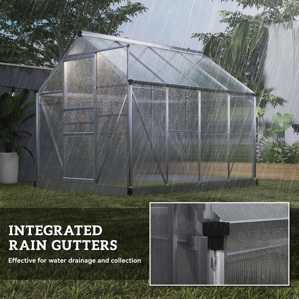 6' x 8' x 6.6' Polycarbonate Greenhouse, Walk-In Green House Kit Garden, Plants Grow, Galvanized Sheet Aluminum Frame with Rain Gutter, Vent and Sliding Door, Silver