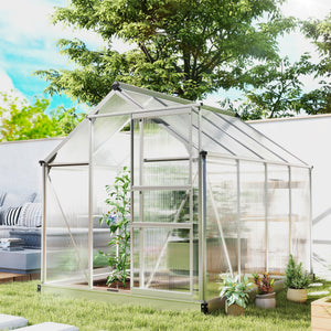 6' x 8' x 6.6' Polycarbonate Greenhouse, Walk-In Green House Kit Garden, Plants Grow, Galvanized Sheet Aluminum Frame with Rain Gutter, Vent and Sliding Door, Silver