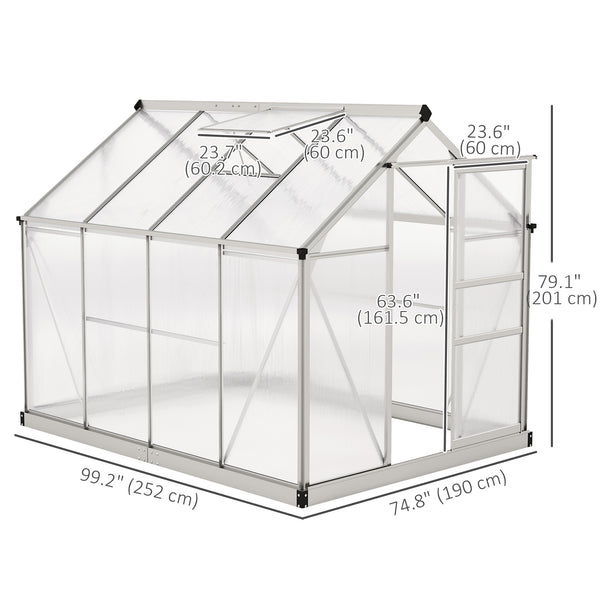 6' x 8' x 6.6' Polycarbonate Greenhouse, Walk-In Green House Kit Garden, Plants Grow, Galvanized Sheet Aluminum Frame with Rain Gutter, Vent and Sliding Door, Silver