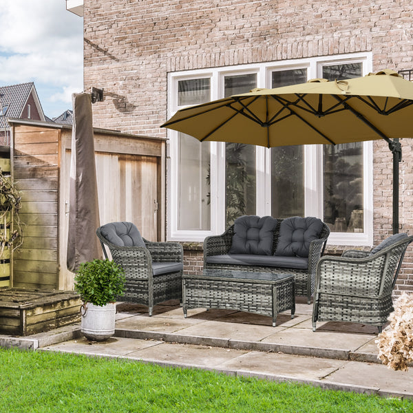4 Pieces Outdoor PE Rattan Garden Furniture with Cushions, Patio Special Hand Weave Wicker Conservatory Sofa Set with Glass Top Coffee Table, Mixed Grey