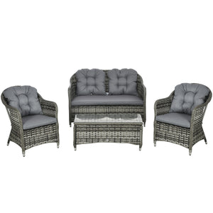 4 Pieces Outdoor PE Rattan Garden Furniture with Cushions, Patio Special Hand Weave Wicker Conservatory Sofa Set with Glass Top Coffee Table, Mixed Grey