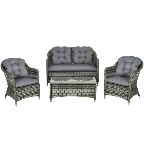 4 Pieces Outdoor PE Rattan Garden Furniture with Cushions, Patio Special Hand Weave Wicker Conservatory Sofa Set with Glass Top Coffee Table, Mixed Grey