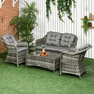 4 Pieces Outdoor PE Rattan Garden Furniture with Cushions, Patio Special Hand Weave Wicker Conservatory Sofa Set with Glass Top Coffee Table, Mixed Grey