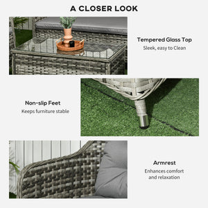 4 Pieces Outdoor PE Rattan Garden Furniture with Cushions, Patio Special Hand Weave Wicker Conservatory Sofa Set with Glass Top Coffee Table, Mixed Grey