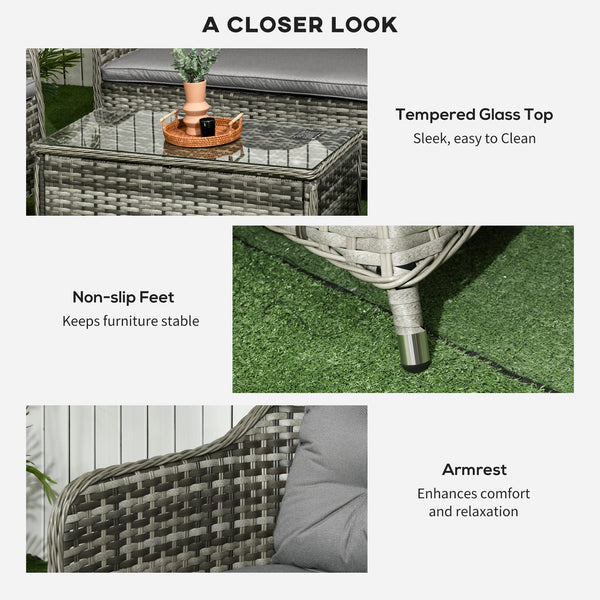 4 Pieces Outdoor PE Rattan Garden Furniture with Cushions, Patio Special Hand Weave Wicker Conservatory Sofa Set with Glass Top Coffee Table, Mixed Grey