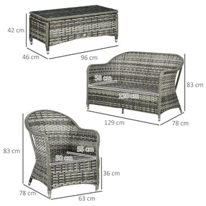 4 Pieces Outdoor PE Rattan Garden Furniture with Cushions, Patio Special Hand Weave Wicker Conservatory Sofa Set with Glass Top Coffee Table, Mixed Grey