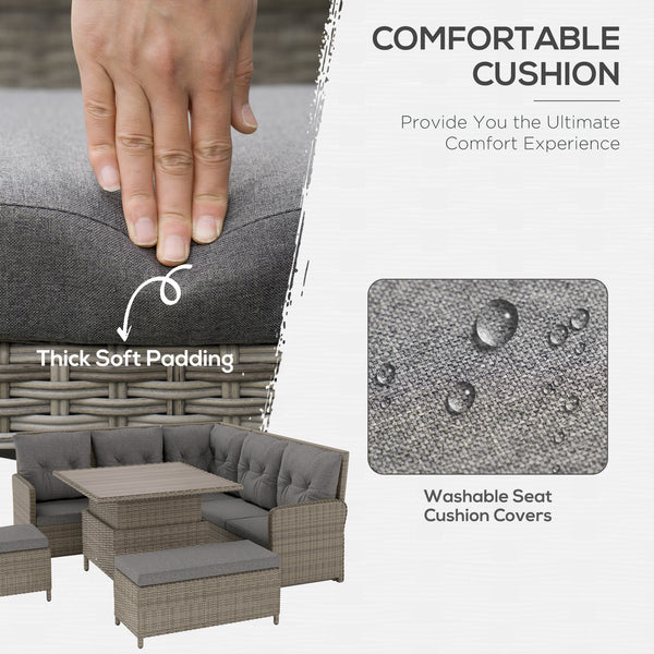 6 Pieces Outdoor PE Rattan Garden Furniture, Patio Wicker Sectional Conversation Corner Sofa w/ Soft Padded Cushion & Liftable Coffee Table, Light Grey